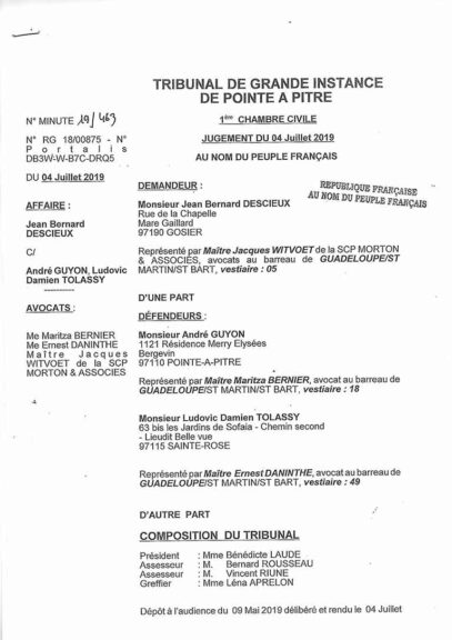 Kugement d el'affaire Descieux-Talassy-guyon - Terres de Belle Plaine Sainte Rose - Guadeloupe - Juillet 2019